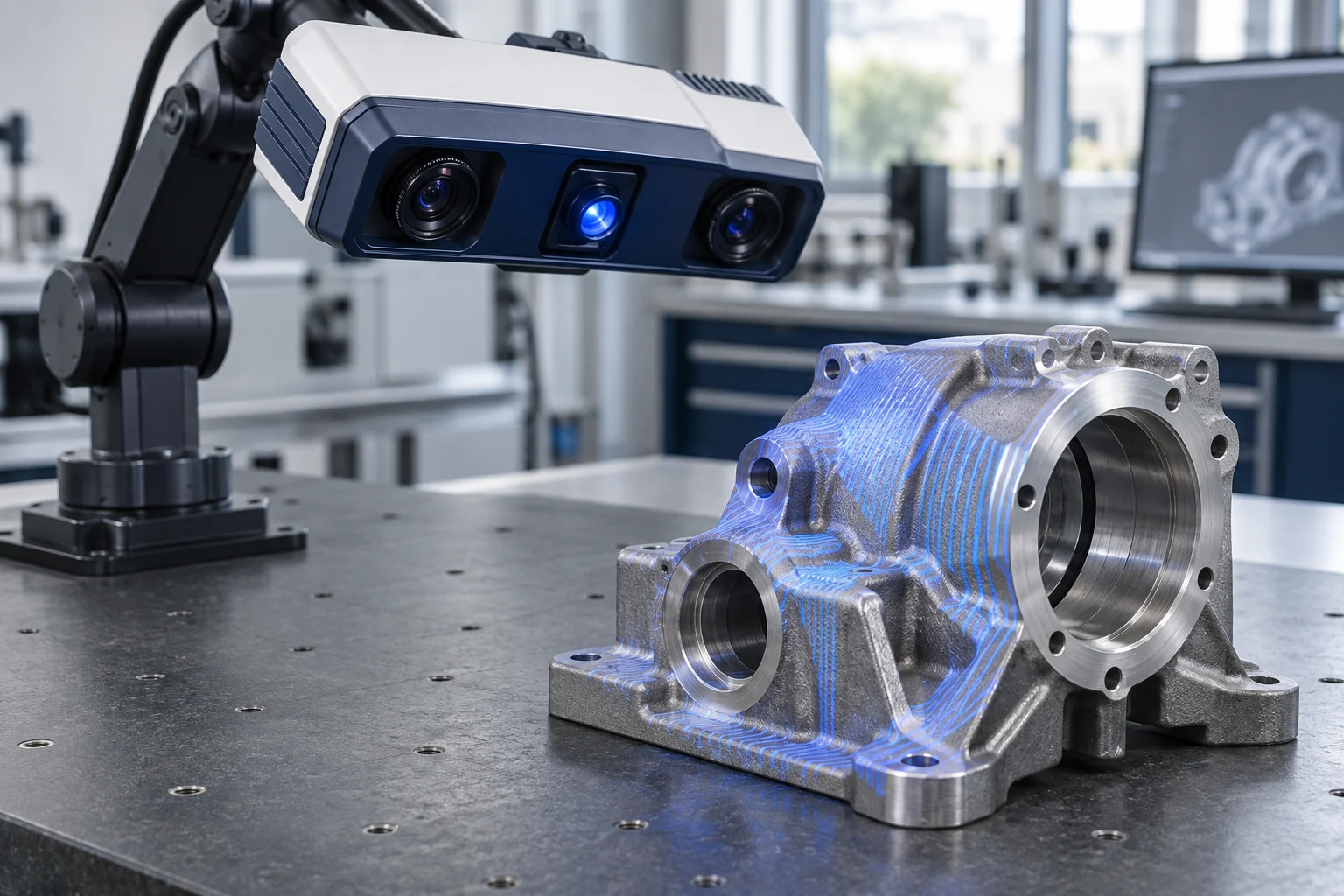 Ilustrație generată: scanner cu lumină structurată digitalizând o componentă metalică