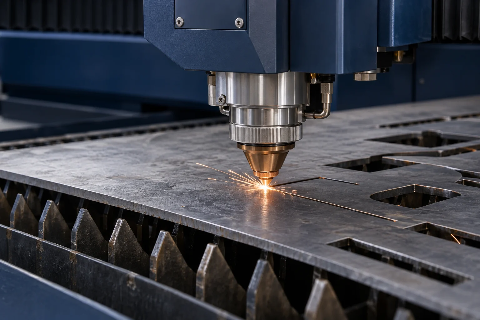 Ilustrație generată: cap laser debitând contururi într-o foaie de metal